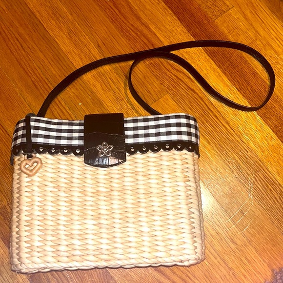Brighton cross/ shoulder bag black & white gingham print w/ rattan & leather - Picture 1 of 10